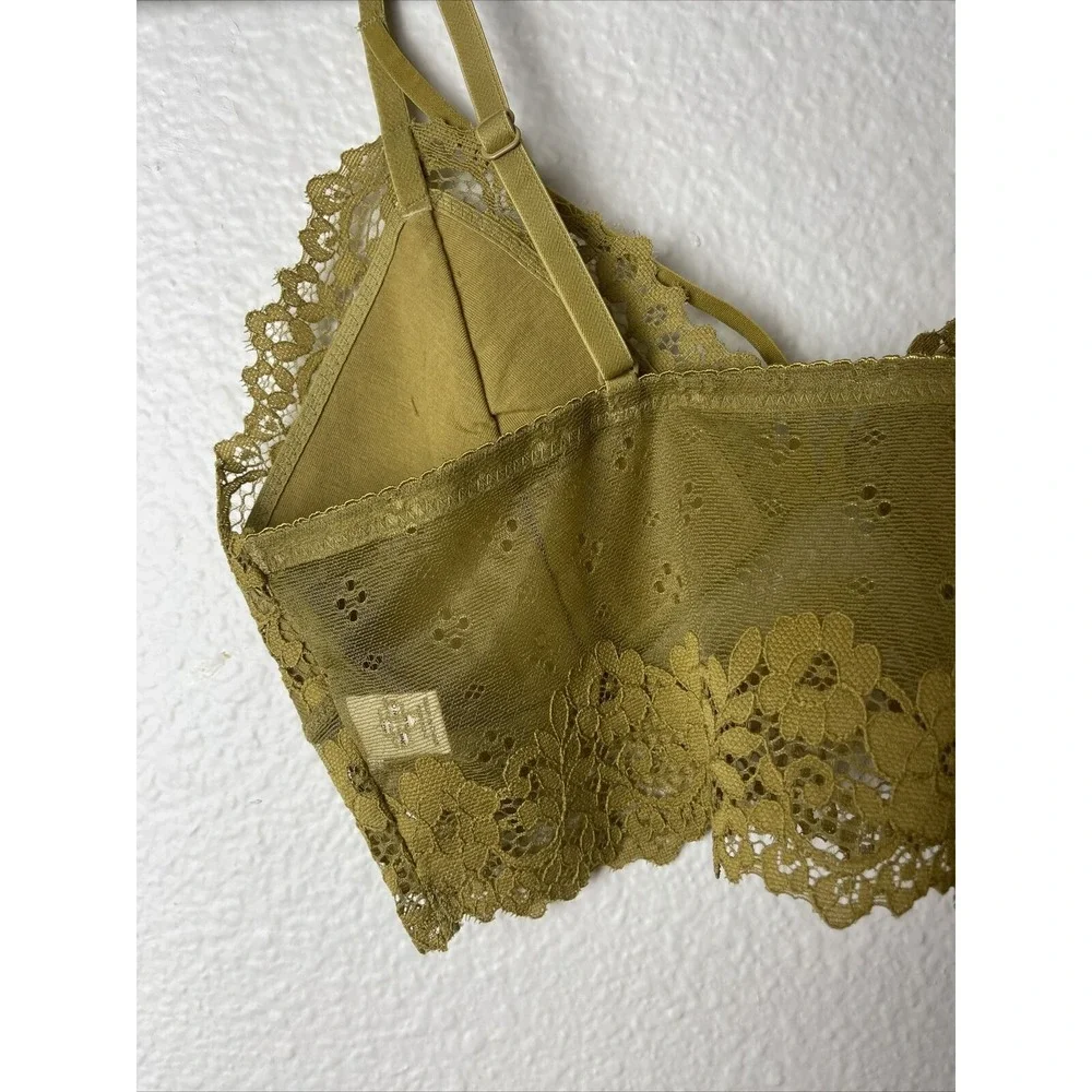 Womens Bralette Crop Top Strappy Lace Cutout Seamless Wireless Yellow Sz‎ Small